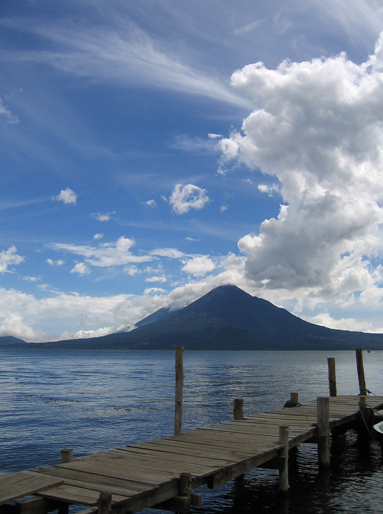 Atitlán volcano trek - dock, lake, volcano; Lake Atitlán, Guatemala