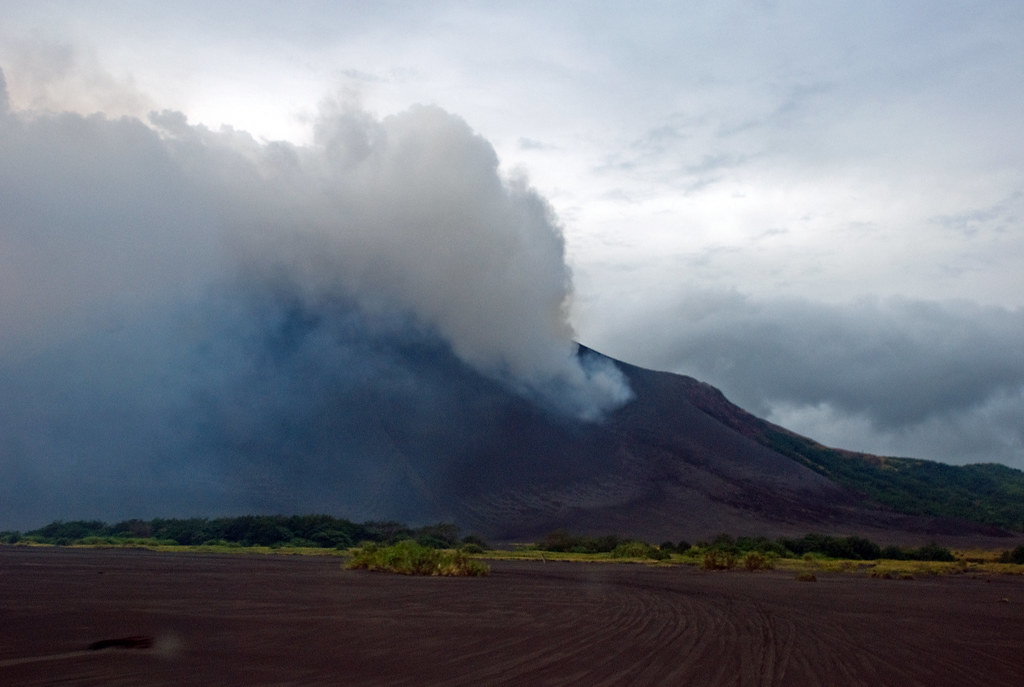 Mount Tukosmera volcano trek - Approaching Mt. Yasur across the ash plains, Tanna, Vanuatu, 12 June 2009