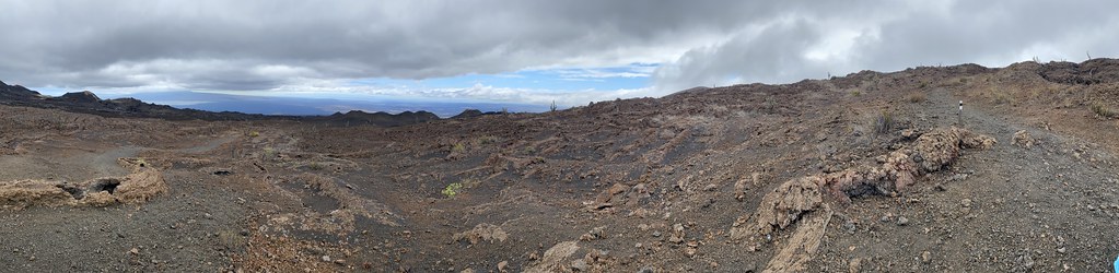 Sierra Negra volcano trek - Sierra Negra Volcano’s Last Eruption site in 2018 at 950 meters (3,116 ft) above sea level, Isla Isabela (Albemarle), the Galápagos Islands, Ecuador.